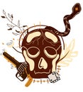 Wild West poster with an skull, a mystical snake, cowboy gun. Further Old West in flat style. Vector illustration.