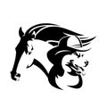 Wild west ranch dog wearing cowboy hat and mustang horse black and white vector head portrait