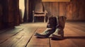 Wild West retro cowboy hat and pair of old leather boots on wooden floor. Generative AI Royalty Free Stock Photo