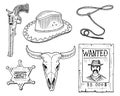 Wild west, rodeo show, cowboy or indians with lasso. hat and gun, cactus with horseshoe, sheriff star and bison, bull Royalty Free Stock Photo