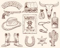 Wild west, rodeo show, cowboy or indians with lasso. hat and gun, cactus with sheriff star and bison, boot with Royalty Free Stock Photo