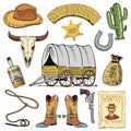 Wild west, rodeo show, cowboy or indians with lasso. hat and gun, cactus with sheriff star and bison, boot with Royalty Free Stock Photo