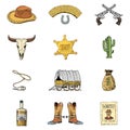 Wild west, rodeo show, cowboy or indians with lasso. hat and gun, cactus with sheriff star and bison, boot with Royalty Free Stock Photo