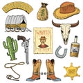 Wild west, rodeo show, cowboy or indians with lasso. hat and gun, cactus with sheriff star and bison, boot with Royalty Free Stock Photo