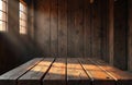 Wild West saloon wood table with natural light from window. Empty product display surface. Rustic interior for product, Royalty Free Stock Photo