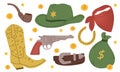 Wild west set. Cowboy boots, hat, gun,hatch for smoking, belt, horseshoe, money bag, neck scarf. Royalty Free Stock Photo