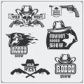 Wild west. Set of rodeo, cowboy vintage emblems, labels, badges and design elements.