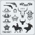 Wild west. Set of rodeo, sheriff and cowboy vintage emblems, icons and design elements.