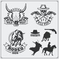 Wild west. Set of rodeo, sheriff and cowboy vintage emblems, labels, badges and design elements. Royalty Free Stock Photo