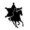 Wild west sheriff cowboy riding horse black vector silhouette against star badge Royalty Free Stock Photo