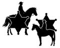 Wild west sheriff cowboy riding horse black vector silhouette against star badge design set Royalty Free Stock Photo