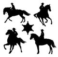 Wild west sheriff cowboy riding horse black vector silhouette set