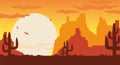 Wild west at sunset illustration. Orange silhouettes of Arizona mountains brown cactuses.