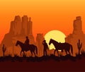 wild west sunset scene with cowboys and horses