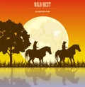 Wild West sunset Vector illustration. Cowboy Men horse riding at sunset Vintage west cards Royalty Free Stock Photo