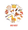 Wild West Symbols of Round Shape, Western Elements Vector illustration Royalty Free Stock Photo