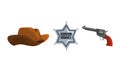 Wild West Symbols Set, Brown Cowboy Hat, Sheriff Star Badge, Vintage Revolver Gun Cartoon Vector Illustration Royalty Free Stock Photo
