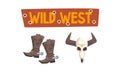 Wild West Symbols Set, Bull Skull and Cowboy Boots Cartoon Vector Illustration Royalty Free Stock Photo