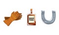 Wild West Symbols Set, Silver Horseshoe, Pair of Cowboy Leather Gloves, Bottle of Whiskey Cartoon Vector Illustration