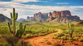 Wild West Texas desert landscape with mountains and cacti