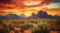 Wild West Texas desert landscape with sunset with mountains and cacti