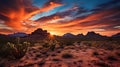 Wild West Texas desert landscape with sunset with mountains and cacti