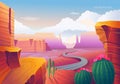 Wild west Texas. Landscape with red mountains, cactus, road and clouds. Vector illustration in cartoon style Royalty Free Stock Photo