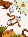 Wild west Texas poster with a mystical snake, dice, flying eagle, horseshoe. Further Old West in flat style. Vector