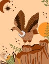 Wild west Texas poster with a vulture on a rock in the desert, with the sun, a cactus, diamond. Further Old West in flat