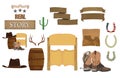 Wild west, Texas set with, cactus, saloon, barrel dynamitet, flowers, ribbon, boots, hat, bull, bow bone ranger star sheriff sign