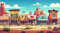 In a wild west town street with an old cowboy saloon building, cartoon western banks, stores, and hotels are arranged Royalty Free Stock Photo