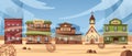 Wild west town. Western America street with old wooden church, rustic hotel, saloon and bank buildings. Cowboy city cartoon vector Royalty Free Stock Photo