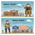 Wild west vector cowboy character saloon western building house in street countryside illustration wildly backdrop of