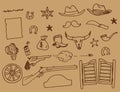 Wild West vector set. hand-drawn doodle-style vintage elements of wild Western rodeo cowboy boots with spur, pipe, shotgun, bullet