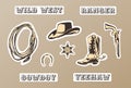 Wild west vector sticker set. Hand drawn silhouette of horseshoe, sheriff badge, boot, hat, gun, lasso for cowboy paty.
