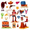 Wild west vector western cowboy character in wildlife desert with cactus illustration wildly sheriff in hat with gun on