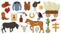 Wild west vector western cowboy or sheriff signs hat or horseshoe in wildlife desert with cactus illustration wildly Royalty Free Stock Photo