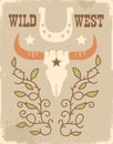 Wild West vintage poster with cow bull and horseshoe decoration. Vector cowboy rodeo background on old paper texture. Royalty Free Stock Photo