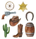 Watercolor set with western items. wild western illustrations