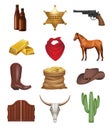 Wild west. Weapons hat horse drinks money decent vector realistic cowboy symbols Royalty Free Stock Photo