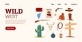 Wild West site with cowboys or western bandits items, flat vector illustration.