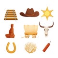 Wild west, western collection in cartoon style isolated on white background. Retro wagon, scull, cowboy hat, sheriff star, Arizona