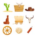 Wild west, western collection in cartoon style isolated on white background. Retro wagon, scull on wooden banner cowboy hat with Royalty Free Stock Photo