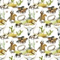 Wild West western seamless pattern. Cowboy, wild horse, horseshoe, cactus, cow scull.