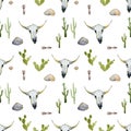 Wild West western seamless pattern. Cowboy, horseshoe, cactus, cow scull.