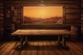 Wild west wood table, saloon table mockup, product display, perspective template, illustration. Generative AI