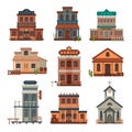 Wild West Wooden Buildings Collection, Bank, Saloon, Sheriff Office, Church, Western Town Design Element Vector Royalty Free Stock Photo