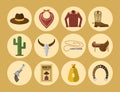 Wild western vector cowboy icons rodeo equipment and many different western Wild west accessories illustration Royalty Free Stock Photo