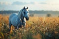 wild white horse grazing in a meadow at sunset on blurred background