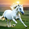 a wild white horse running in full